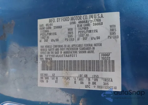 2001 Ford Ranger Edge/Xl/Xlt z USA, uszkodzony, nr VIN 1FTYR14U31TA69311